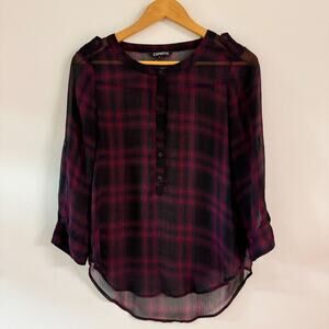 Express - Semi Sheer Plaid Blouse in Red & Blue